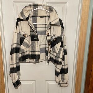 SHEIN Black and Cream Plaid Bomber Jacket